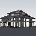 Chinese Style Sales Office Building with Traditional Overhanging Eaves Black Roof and White Walls