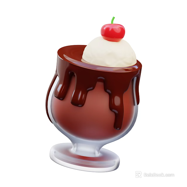 Delicious Chocolate Sundae With Vanilla Ice Cream Scoop Cherry And Dripping Sauce 3d model 