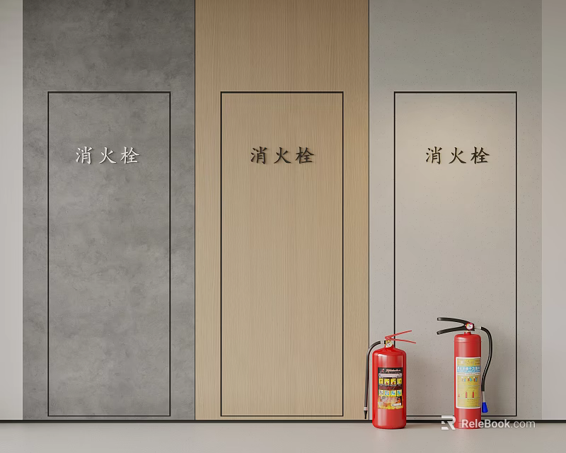 Essential Fire Equipment Setup With Three Fire Hydrant Doors And Two Red Fire Extinguishers 3d model