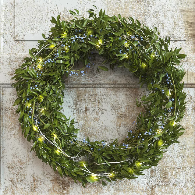 Decorative Wreath With Green Leaves Blue Berries And String Lights Hanging On Worn Wooden Wall 3d model 