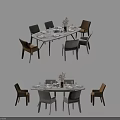 Modern Dining Table Set With Comfortable Chairs Decorative Flowers And Tableware 3d model