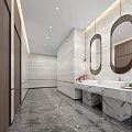 Modern Public Toilet Interior Design With Double Sinks Round Mirrors And Lighting