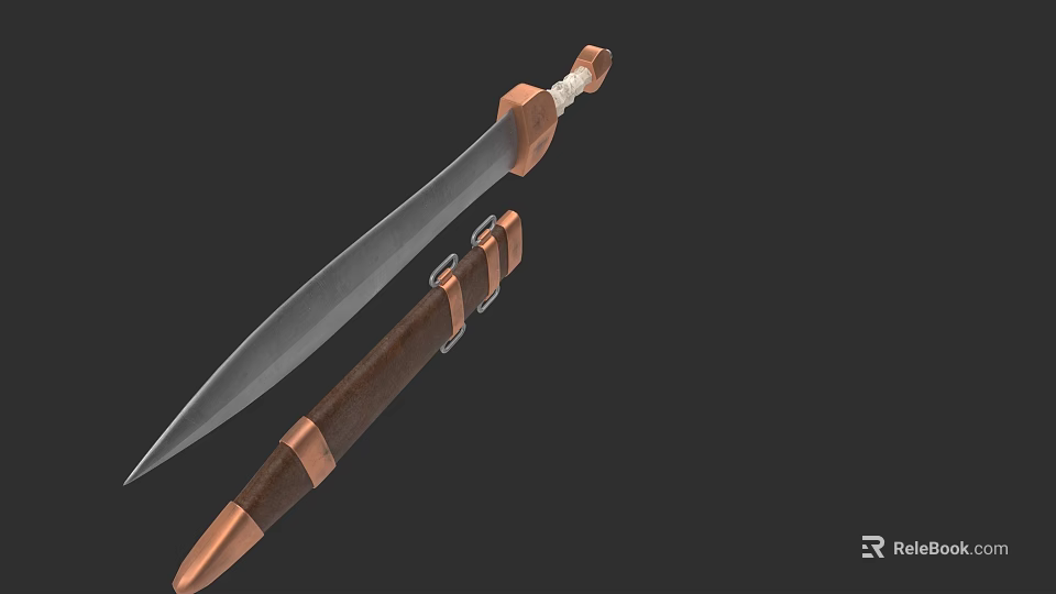Traditional Sword With Wooden Handle Copper Accents Sharp Blade And Scabbard 3d model 