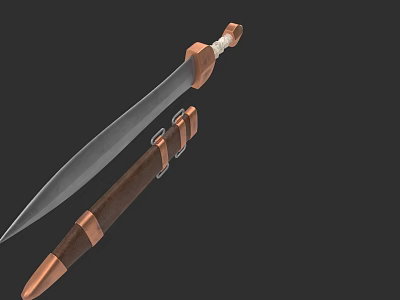 Traditional Sword With Wooden Handle Copper Accents Sharp Blade And Scabbard 3d model