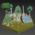Cartoon Forest Scene with Green Trees Small Pond Lush Grass and Colorful Flowers