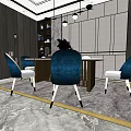 Elegant Dining Table Set With Blue Chairs Cabinets Marble Floor And Chandeliers 3d model