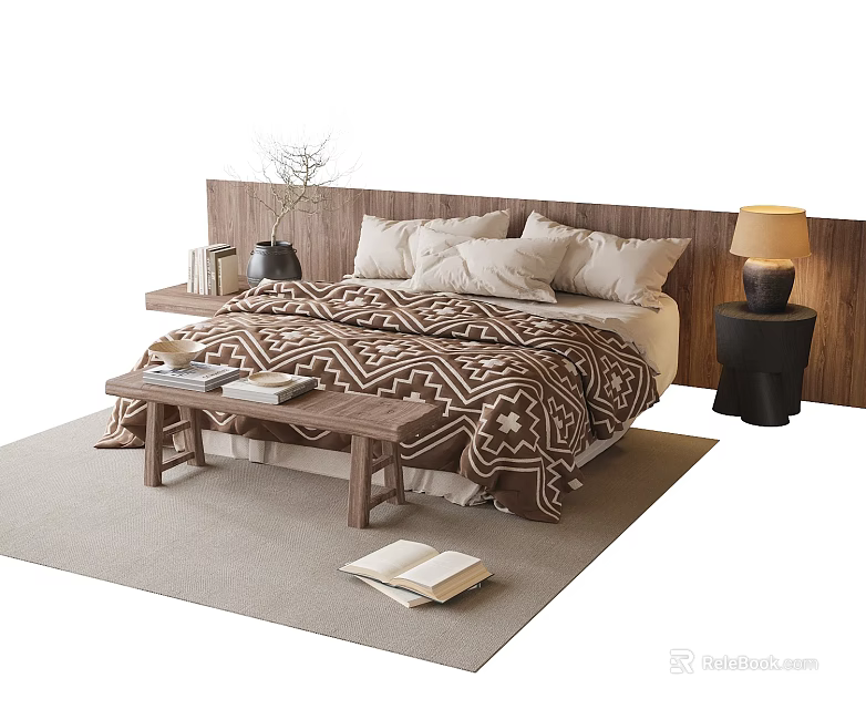 Double Bed With Wooden Headboard Patterned Quilt Pillows And Bedside Table Lamp 3d model 
