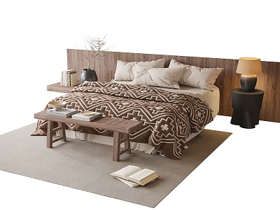 Double Bed With Wooden Headboard Patterned Quilt Pillows And Bedside Table Lamp 3d model