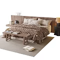 Double Bed With Wooden Headboard Patterned Quilt Pillows And Bedside Table Lamp