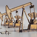 Industrial Equipment With Multiple Rusty Yellow Oil Pump Jacks And Metal Structures