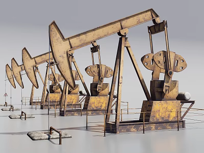 Industrial Equipment With Multiple Rusty Yellow Oil Pump Jacks And Metal Structures 3d model