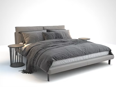 Modern Gray Double Bed With Comforter Pillows Throw Blanket And Black Side Tables 3d model