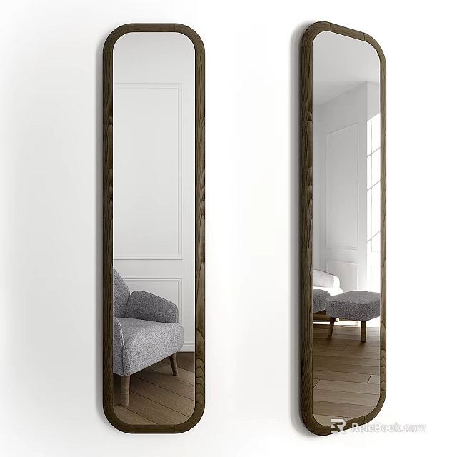 Wooden Framed Full Length Mirror Reflecting Gray Chair Ottoman White Walls And Wooden Floor 3d model 