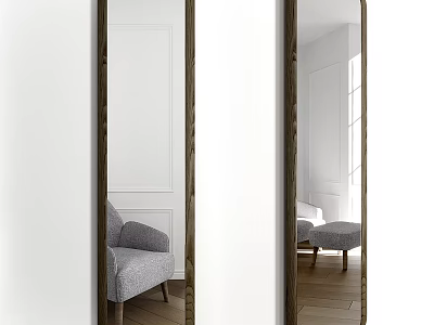 Wooden Framed Full Length Mirror Reflecting Gray Chair Ottoman White Walls And Wooden Floor 3d model