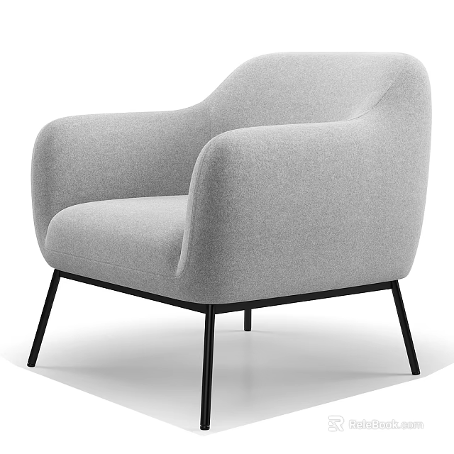 Modern Minimalist Gray Fabric Single Sofa With Rounded Armrests And Black Metal Legs 3d model 