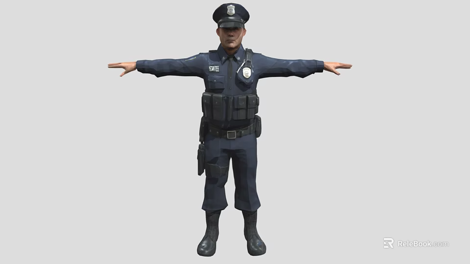 Realistic Game Movie Police Character In Uniform With Tactical Vest And Badge 3d model 