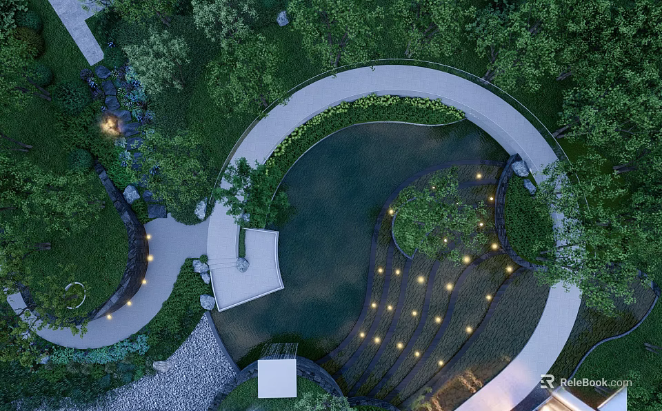 Tranquil Garden Landscape With Curved Path Pond Lights Green Plants And Stone Paving 3d model 