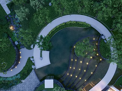 Tranquil Garden Landscape With Curved Path Pond Lights Green Plants And Stone Paving 3d model