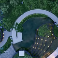 Tranquil Garden Landscape With Curved Path Pond Lights Green Plants And Stone Paving