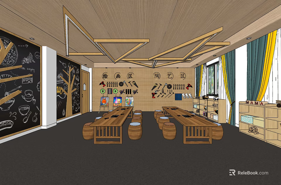 Kindergarten Classroom Interior With Wooden Ceiling Blackboard Wall And Wooden Tables 3d model 
