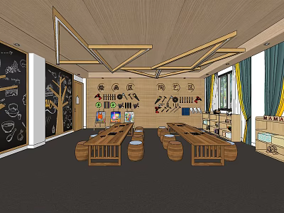 Kindergarten Classroom Interior With Wooden Ceiling Blackboard Wall And Wooden Tables 3d model
