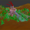 Futuristic Mechanical Device With Green Trees On Orange Terrain Emitting Blue Beams White Particles