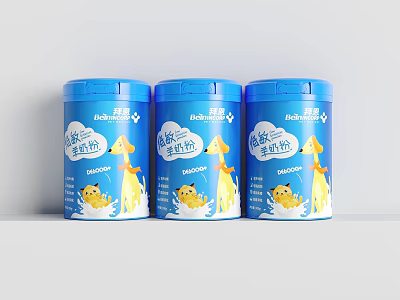 Three Blue Ceramic Jars For Baby Rice Cereal With Cartoon Dog Design 3d model