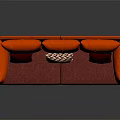 Modern Two Seater Sofa Interior With Orange Frame Burgundy Seat Three Cushions And Patterned Center