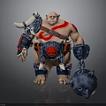 Muscular Man With Red Tattoos In Blue Armor Holding Horned Helmet