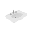 White Ceramic Modern Design Washbasin With Twin Faucets And Wall Mounted Installation