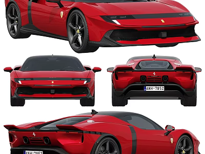Red Sports Car Design With Black Stripes And Wheels Displayed In Multiple Views 3d model