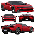 Red Sports Car Design With Black Stripes And Wheels Displayed In Multiple Views