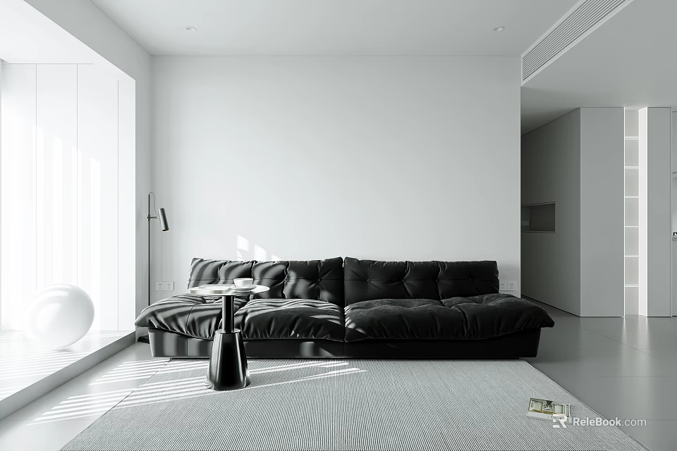 Minimalist Living Room With Black Sofa Large Windows And Light Rug 3d model 
