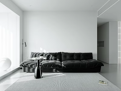 Minimalist Living Room With Black Sofa Large Windows And Light Rug 3d model