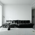 Minimalist Living Room With Black Sofa Large Windows And Light Rug