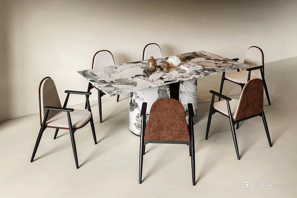 Contemporary Dining Table Set Featuring Marble Tabletop And Colorful Upholstered Chairs With Decorative Vases 3d model 