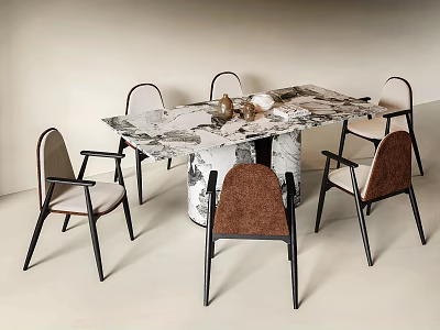 Contemporary Dining Table Set Featuring Marble Tabletop And Colorful Upholstered Chairs With Decorative Vases 3d model