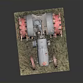 Vintage Tractor Model With Large Red Spiked Wheels Metal Body And Grass Base