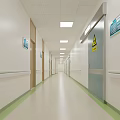 Bright Hospital Corridor With White Walls Green Floor Handrails Doors And Signs