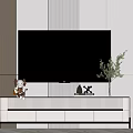 White TV Cabinet With TV Green Plant Decorations And Vertical Striped Wall