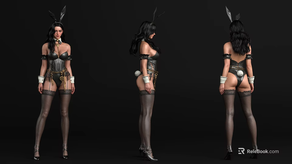 Woman in Bunny Ears Corset and Stockings with High Heels Shown from Different Angles 3d model 