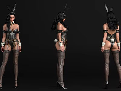 Woman in Bunny Ears Corset and Stockings with High Heels Shown from Different Angles 3d model