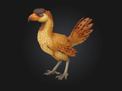 Prehistoric Fantasy Bird With Orange Feathers Black Spots And Slender Legs Standing On Black Background 3d model