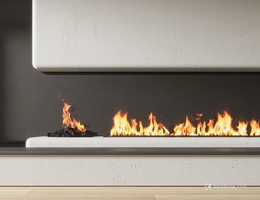 Modern White Linear Fireplace with Burning Flames in Stylish Interior Design 3d model 