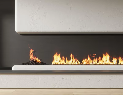Modern White Linear Fireplace with Burning Flames in Stylish Interior Design 3d model