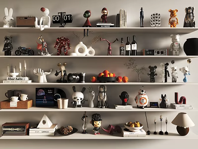 Diverse Decorative Ornament Collection with Figurines Vases Fruit Plates and Books on Shelves 3d model
