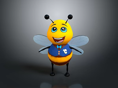 Cute Cartoon Bee Character With Yellow Body Black Eyes Blue Bow Tie and Wings 3d model
