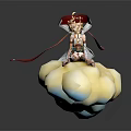 Anime Style Character Sitting On Fluffy Yellow Cloud With Red Ribbons And Blonde Hair
