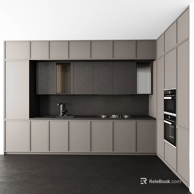 Modern Kitchen Interior With Gray Cabinets And Sleek Countertop Design 3d model 