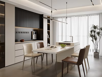 Restaurant Island Table Dining Table and Chair Combination Sideboard Wine Cabinet Chandelier Potted Fruit Single Chair 3d model